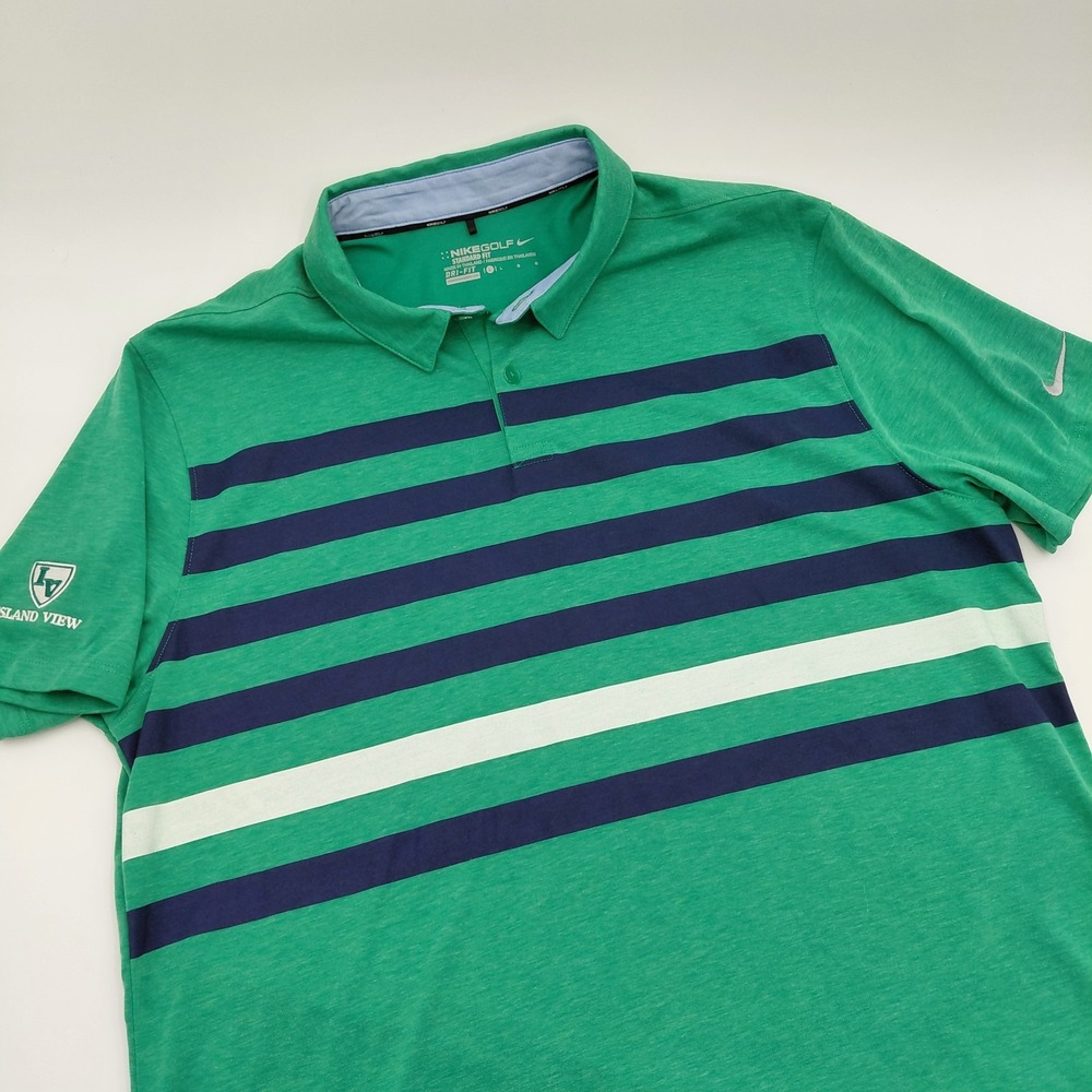 Nike Golf Polo Shirt Dri Fit Mens L Green Short Sleeve Striped Island View Logo